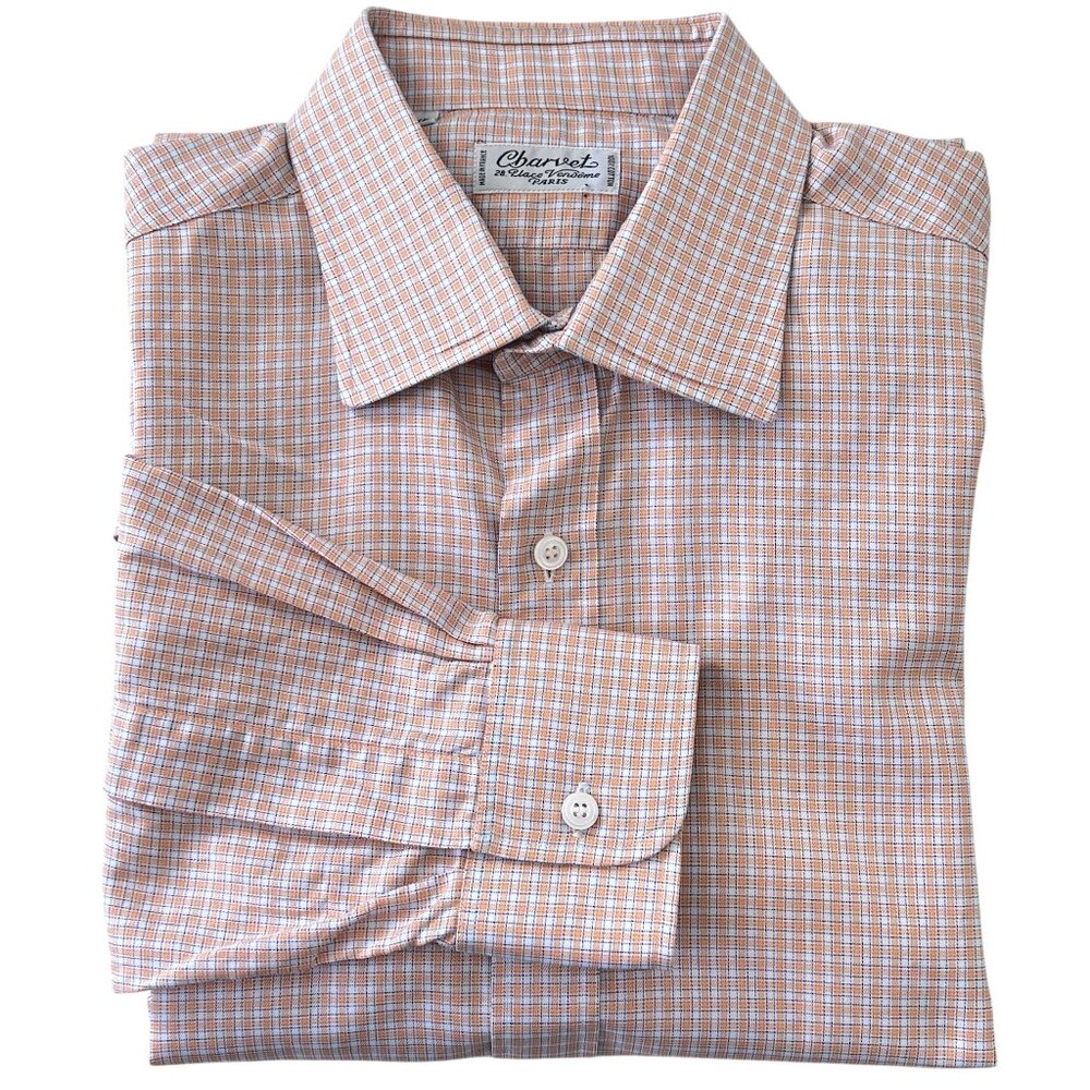 Charvet Paris 100% Cotton Long Sleeve Orange & Blue Grid Check Men XL/16.5/42